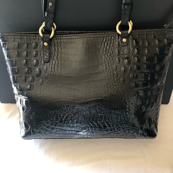 Black Brahmin Croc Embossed Satchel in EUC 14”W x 10” H x 4” D. Handle drop 10” - Picture 2 of 10